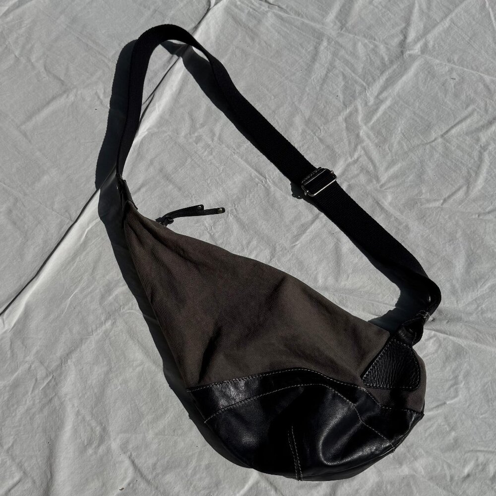 Iyiami Handbags Black Leather Charcoal Cotton Canvas Sling Bag